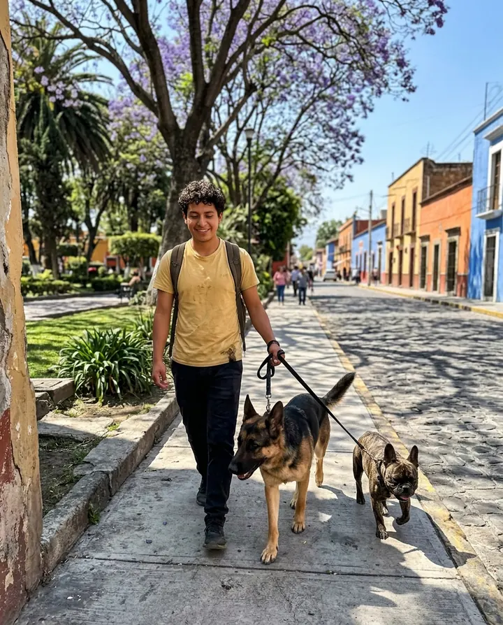 Beto, el ayudante, caminando con un pastor alemán y un bulldog francés
