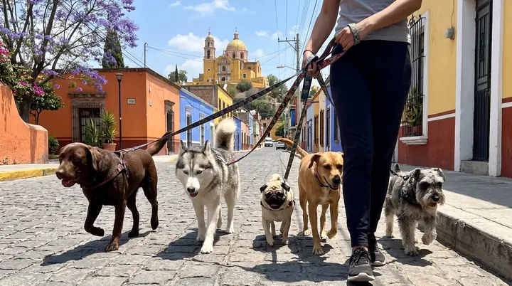 Varios perros paseando juntos con correa por una calle de adoquín de Cholula